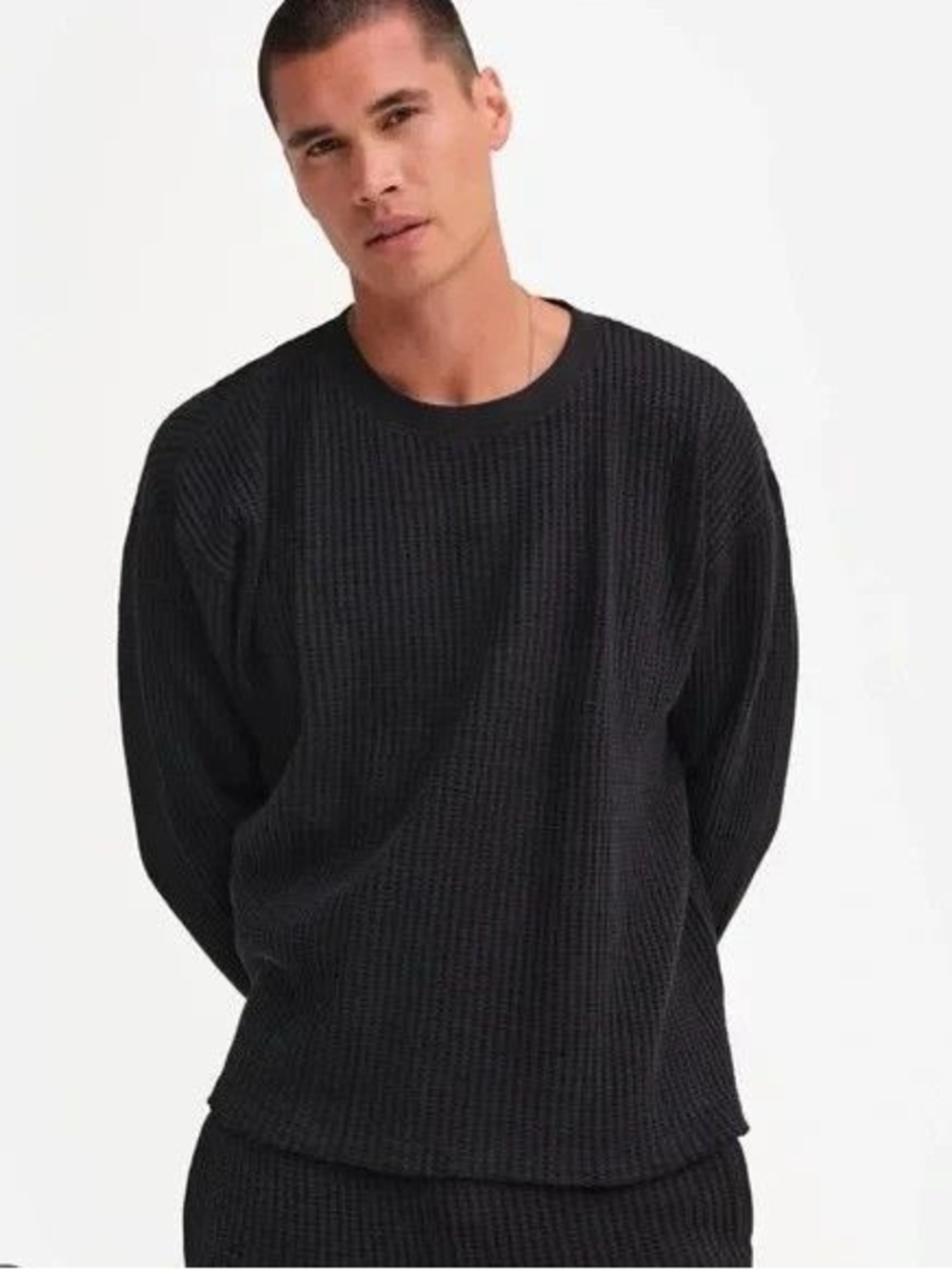 MATE the Label Organic Waffle Crew Neck Black Long-Sleeve Knit Shirt
